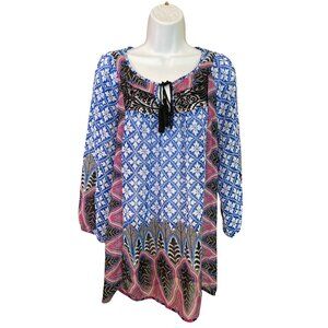 New Directions Womens Sheer Tunic Top XL Floral Blue Pink Lace-Up Boho Lagenlook
